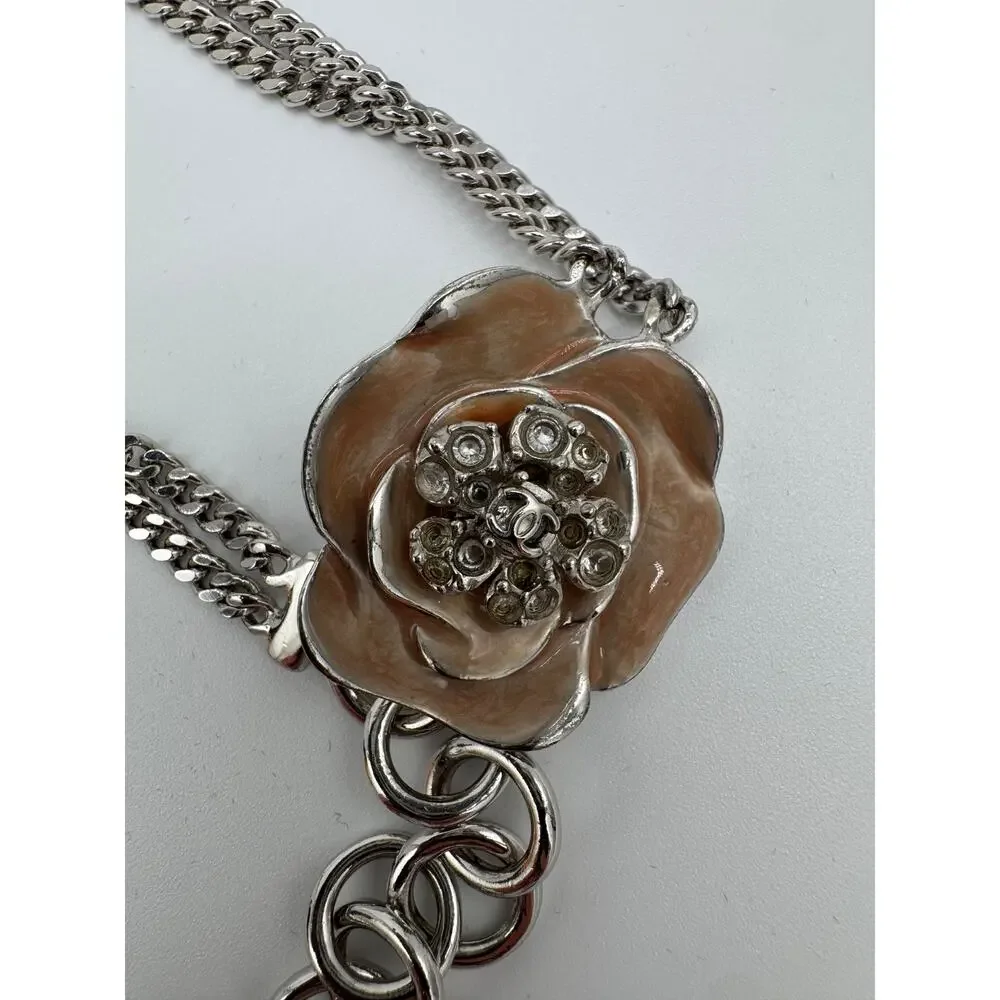 Chanel 04P Camellia CC Charm Silver Tone Chain Belt Pink Enamel Vintage